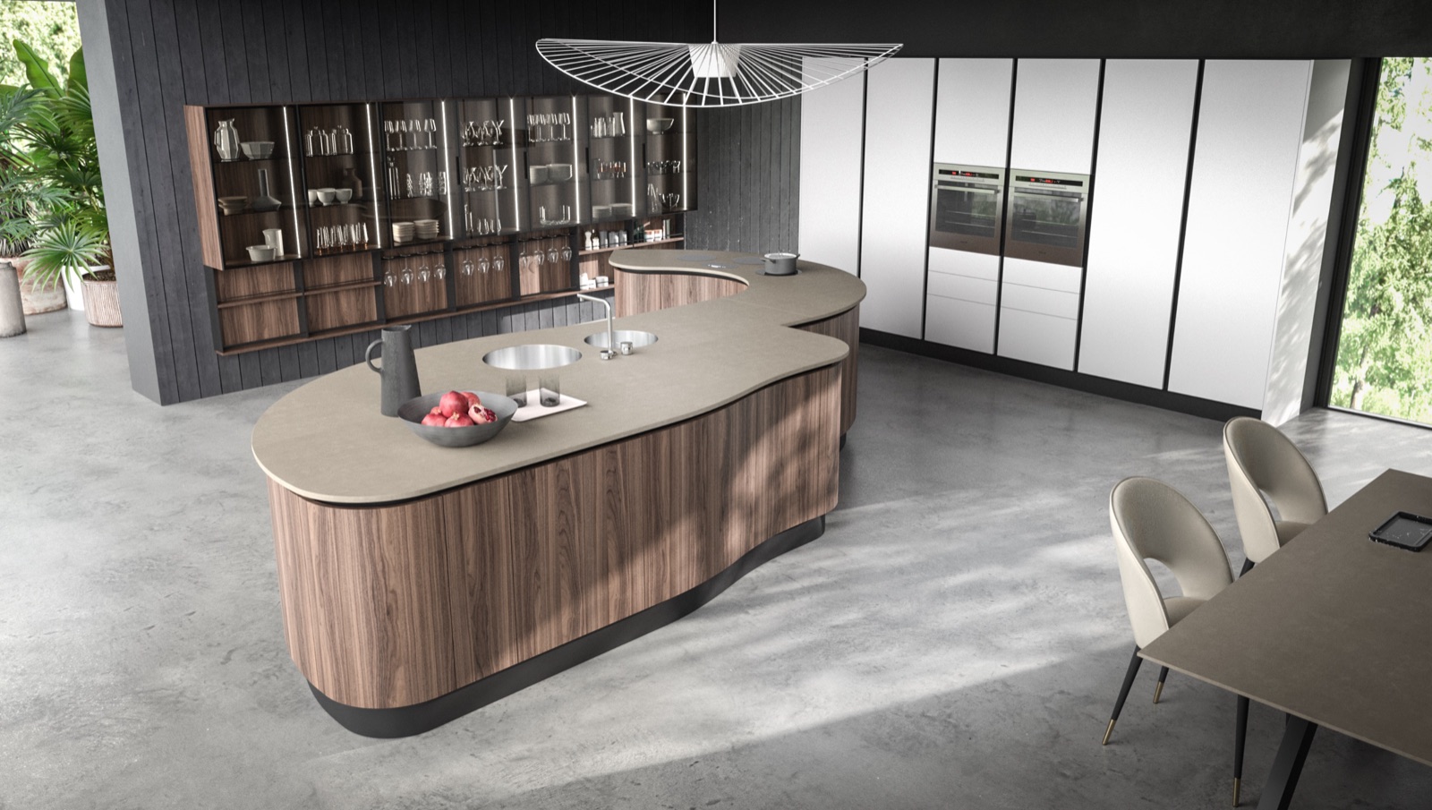 Cuisine italienne sur mesure Aran Cucine, îlot central bois et pierre